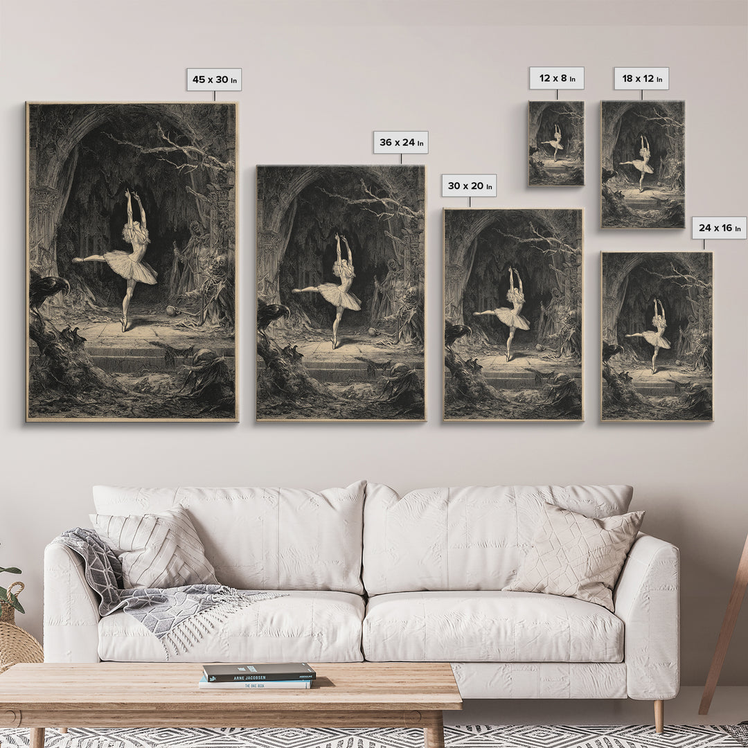 The Phantom Ballerina, Renaissance Engraving Art, Vertical Wall Art, Macabre Wall Art, Framed Canvas Print, Halloween Wall Art