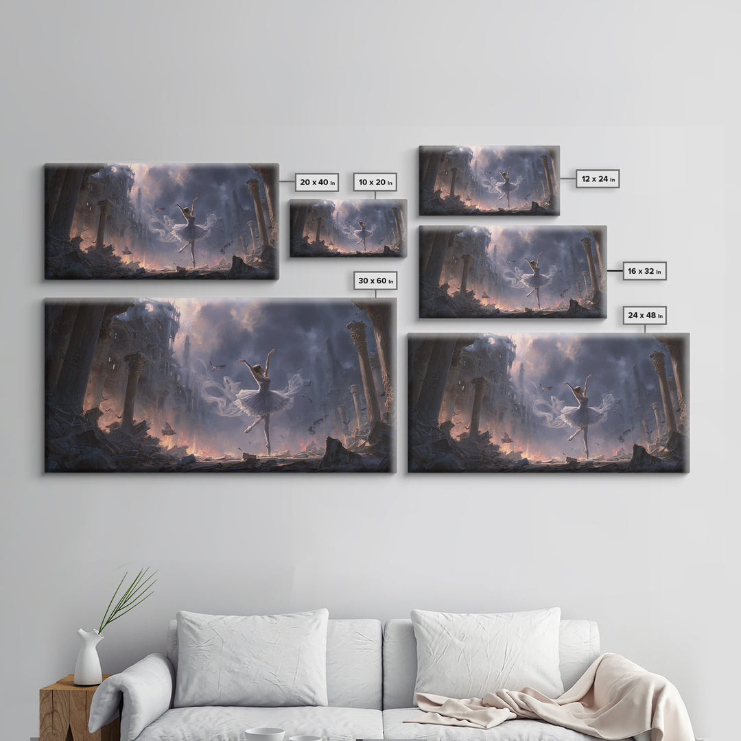 The Phantom Ballerina, Apocalyptic Romantic Art, Wide Panoramic Art, Macabre Wall Art, Framed Canvas Print, Halloween Wall Art