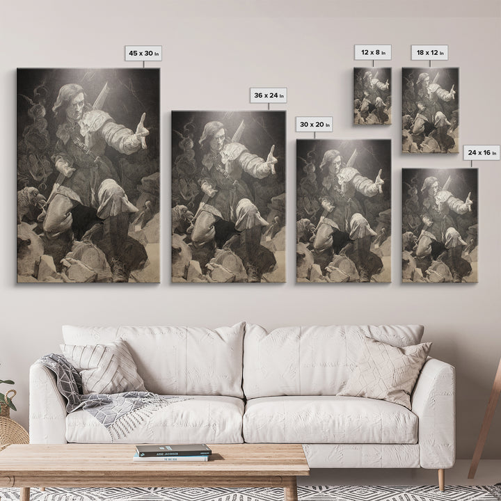 The Ghost Of The Witch Hunter, Renaissance Engraving Art, Vertical Wall Art, Macabre Wall Art, Framed Canvas Print, Halloween Wall Art