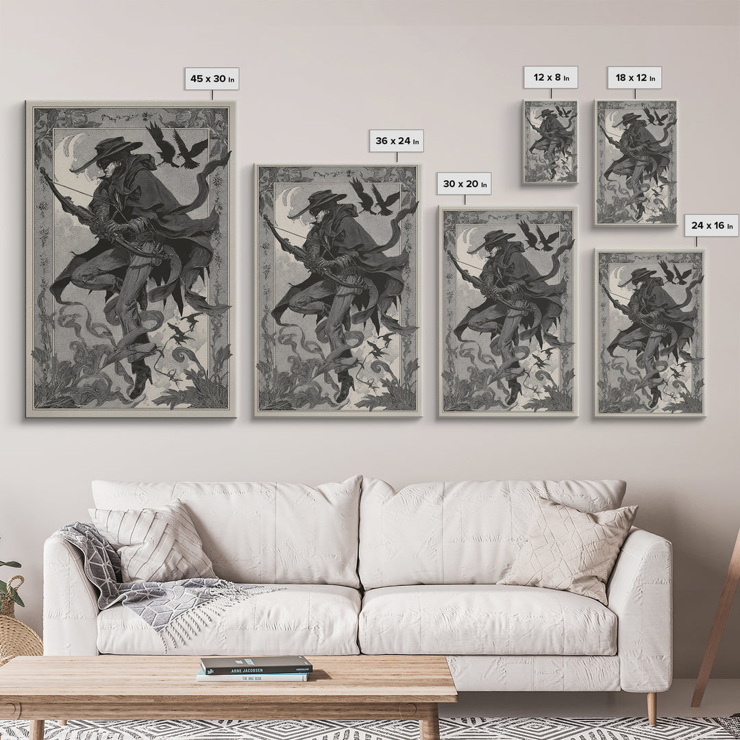 The Ghost Of The Witch Hunter, Decadent Line Art, Vertical Wall Art, Dark Halloween Decor, Framed Canvas Print, Horror Wall Art