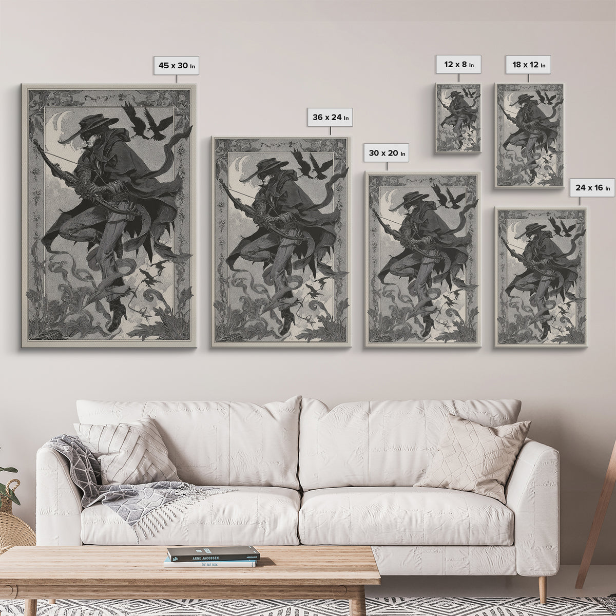 The Ghost Of The Witch Hunter, Decadent Line Art, Vertical Wall Art, Dark Halloween Decor, Framed Canvas Print, Horror Wall Art