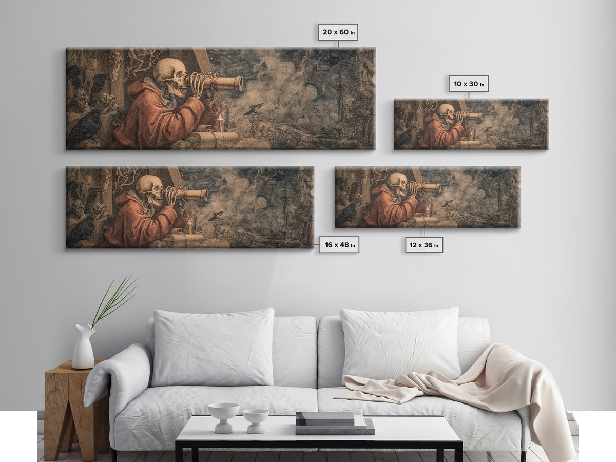 The Skull Astronomer, Medieval Grotesque Art, Extra Wide Wall Art, Dark Fantasy Wall Art, Framed Canvas Print, Halloween Wall Art