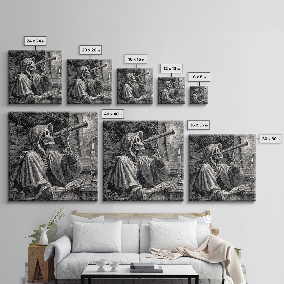 The Skull Astronomer, Renaissance Engraving Art, Square Wall Art, Dark Fantasy Wall Art, Framed Canvas Print, Halloween Wall Art