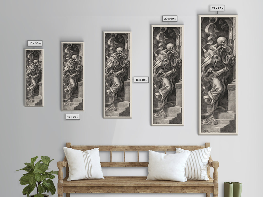 The Skull Astronomer, Architectural Etching Art, Tall Narrow Wall Art, Gothic Horror Wall Art, Framed Canvas Print