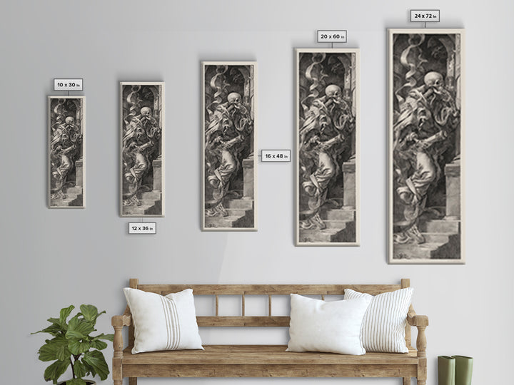 The Skull Astronomer, Architectural Etching Art, Tall Narrow Wall Art, Gothic Horror Wall Art, Framed Canvas Print