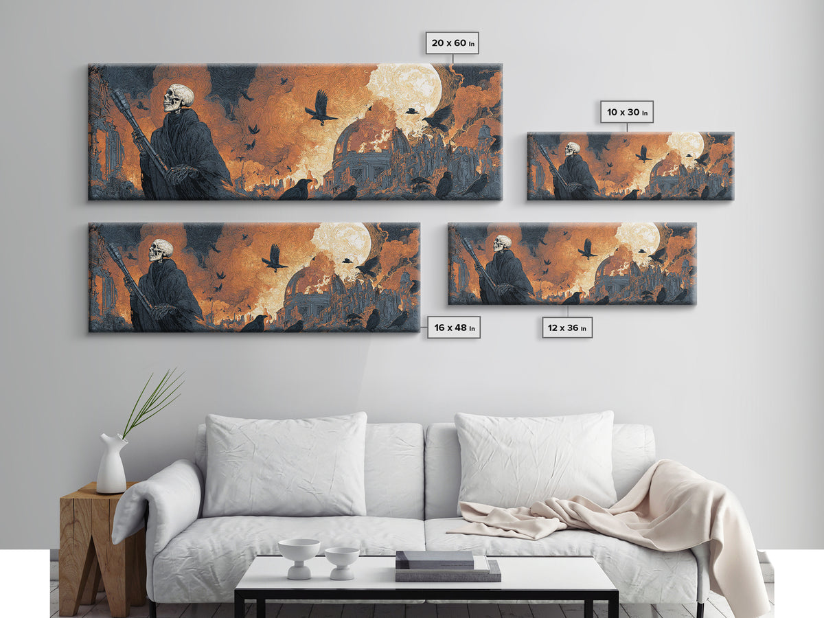 The Skull Astronomer, Apocalyptic Romantic Art, Extra Wide Wall Art, Gothic Horror Wall Art, Framed Canvas Print, Halloween Wall Art