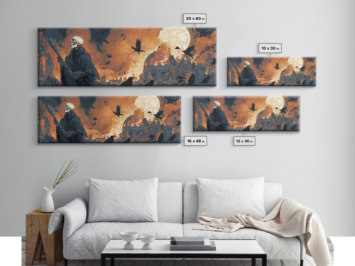 The Skull Astronomer, Apocalyptic Romantic Art, Extra Wide Wall Art, Gothic Horror Wall Art, Framed Canvas Print, Halloween Wall Art