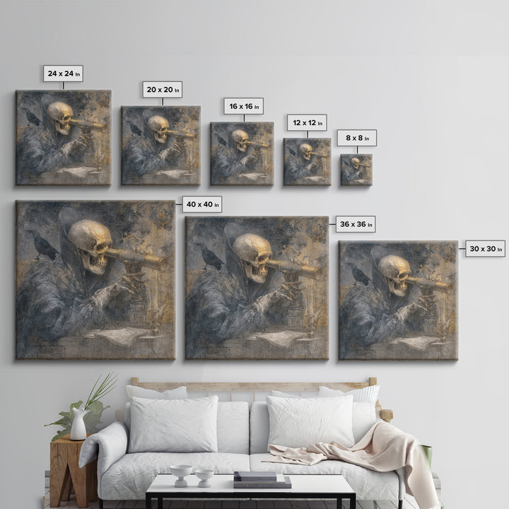 The Skull Astronomer, Symbolist Dream Art, Square Wall Art, Dark Fantasy Wall Art, Framed Canvas Print, Halloween Wall Art