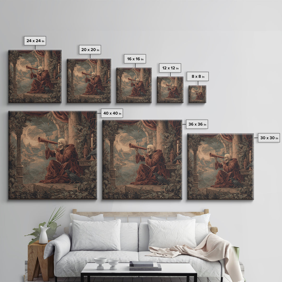 The Skull Astronomer, Symbolist Gothic Landscape, Square Wall Art, Dark Halloween Decor, Canvas Print, Halloween Wall Art