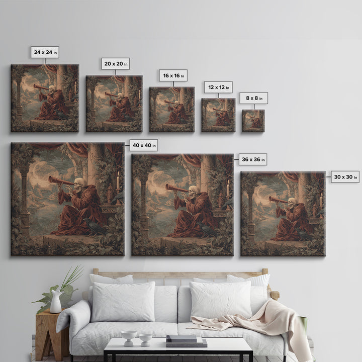 The Skull Astronomer, Symbolist Gothic Landscape, Square Wall Art, Dark Halloween Decor, Canvas Print, Halloween Wall Art