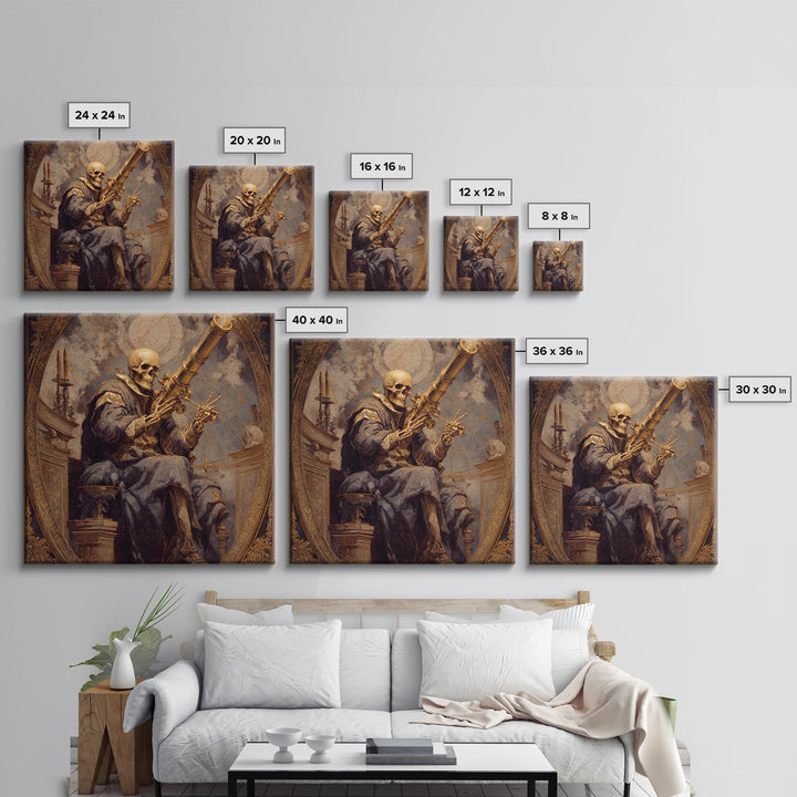 The Skull Astronomer, Ornate Symbolist Art, Square Wall Art, Macabre Wall Art, Framed Canvas Print, Halloween Wall Art