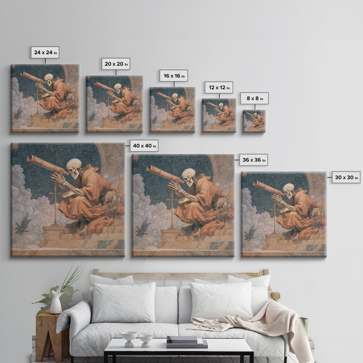 The Skull Astronomer, Symbolist Death Art, Square Wall Art, Dark Halloween Decor, Canvas Print, Halloween Wall Art