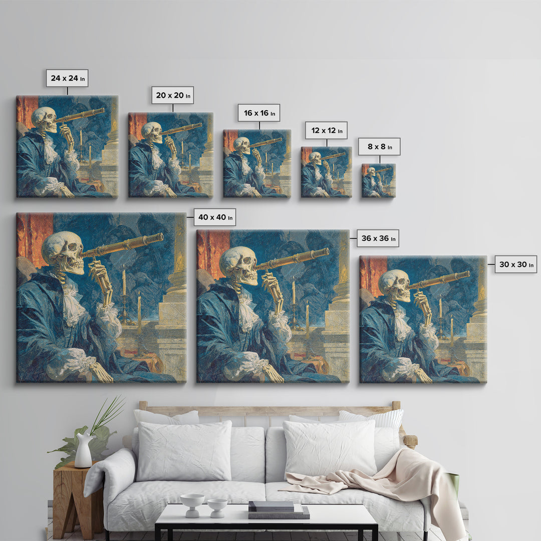 The Skull Astronomer, Symbolist Etching Art, Square Wall Art, Dark Fantasy Wall Art, Framed Canvas Print, Halloween Wall Art