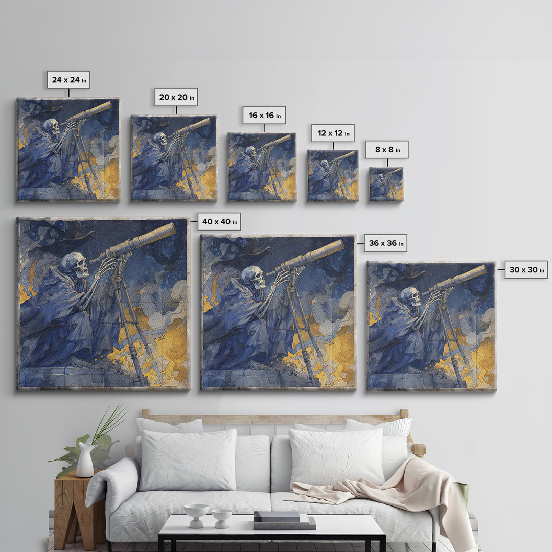 The Skull Astronomer, Expressionist Gothic Art, Square Wall Art, Gothic Horror Wall Art, Framed Canvas Print, Halloween Wall Art