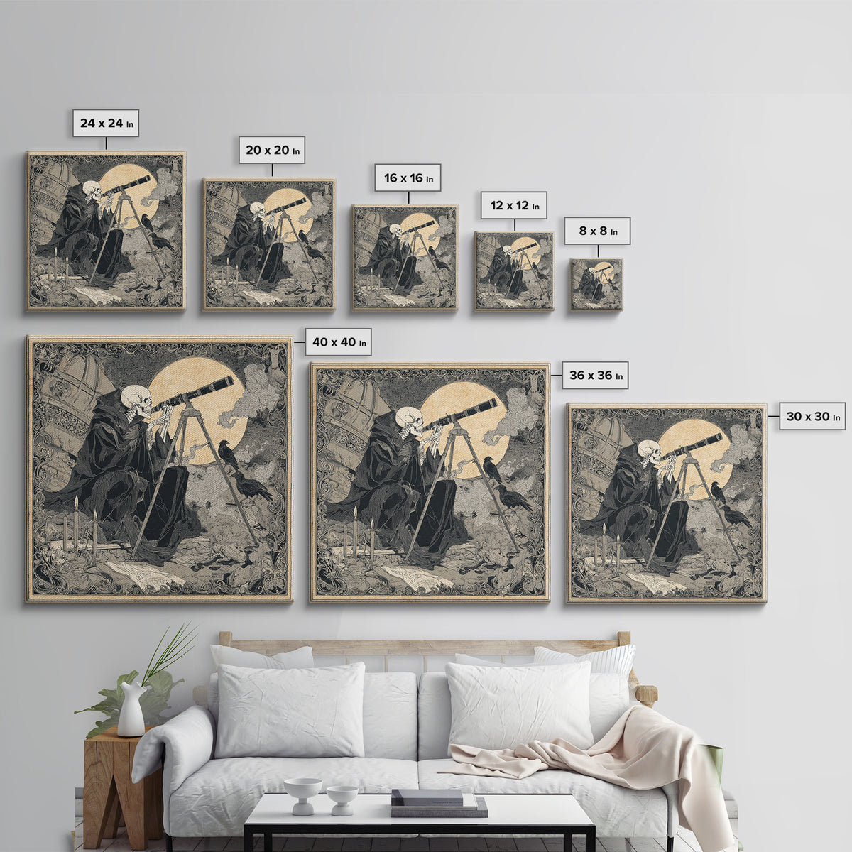 The Skull Astronomer, Decadent Line Art, Square Wall Art, Dark Fantasy Wall Art, Framed Canvas Print, Halloween Wall Art