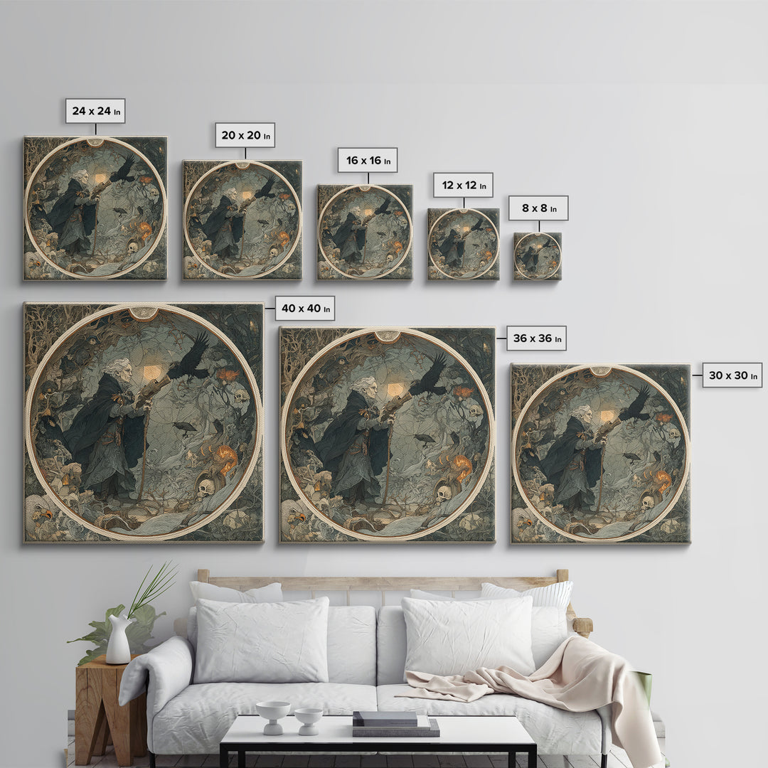 The Skull Astronomer, Gothic Storybook Art, Square Wall Art, Macabre Wall Art, Framed Canvas Print, Halloween Wall Art