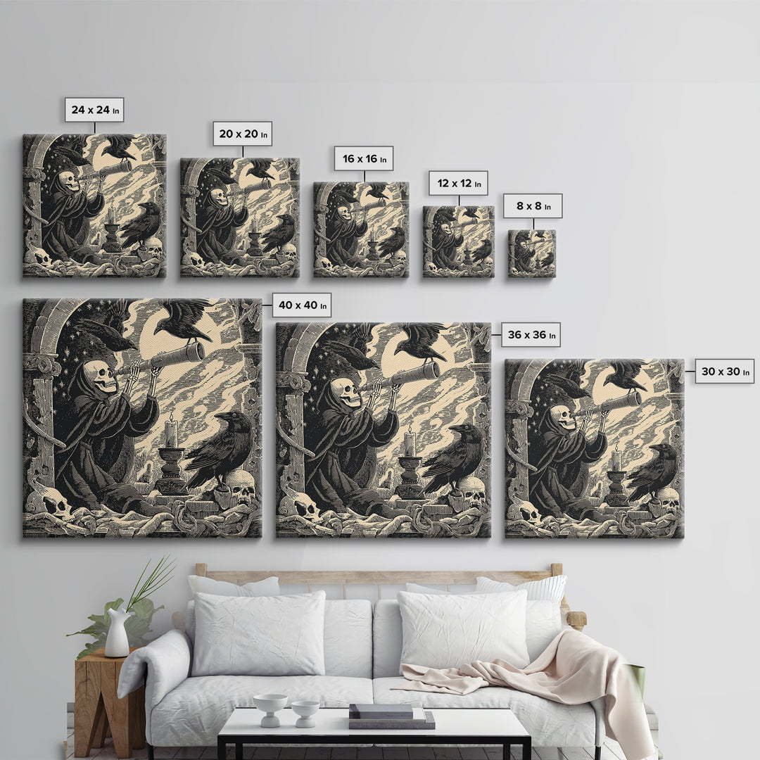 The Skull Astronomer, Macabre Folk Print Art, Square Wall Art, Gothic Horror Wall Art, Framed Canvas Print, Halloween Wall Art