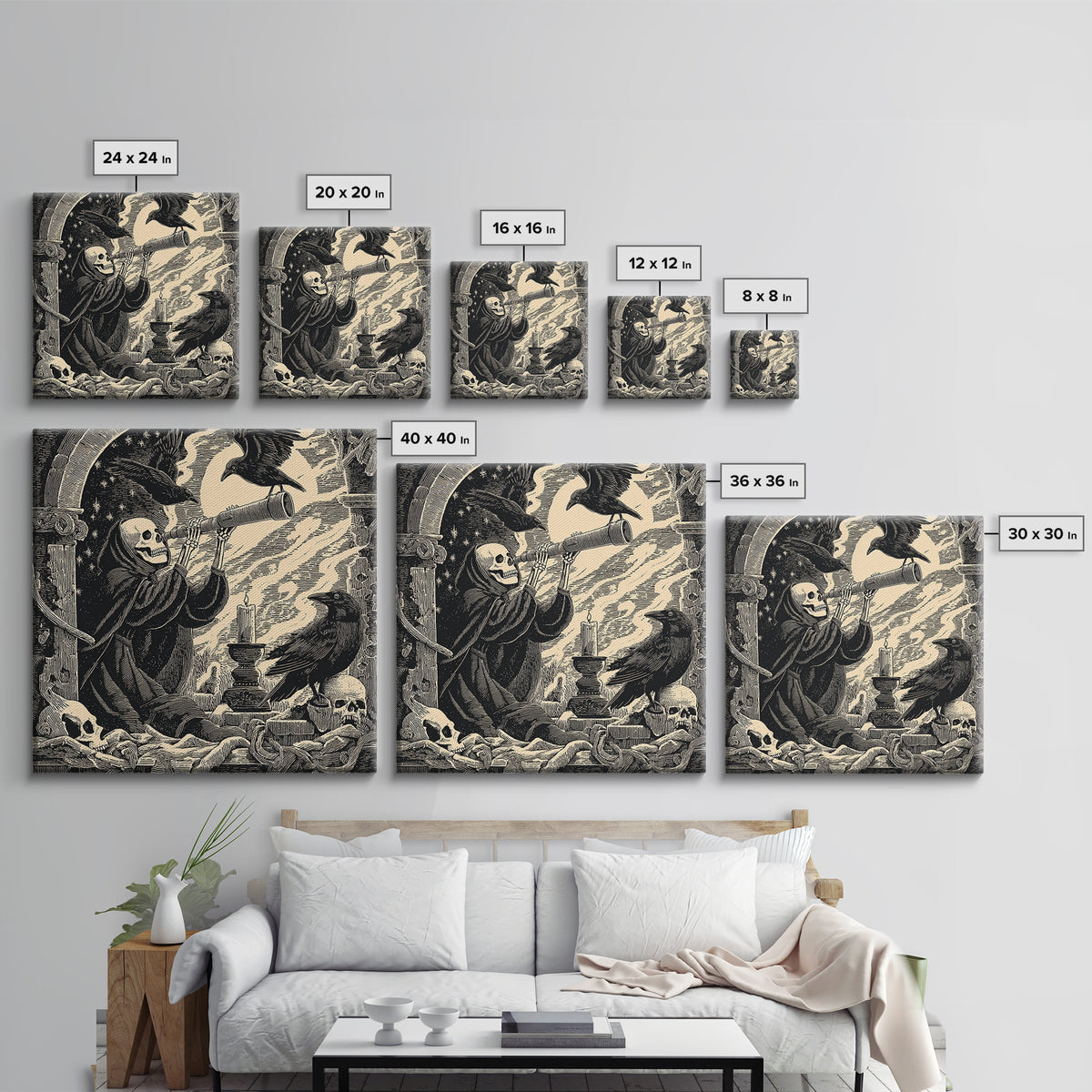 The Skull Astronomer, Macabre Folk Print Art, Square Wall Art, Gothic Horror Wall Art, Framed Canvas Print, Halloween Wall Art