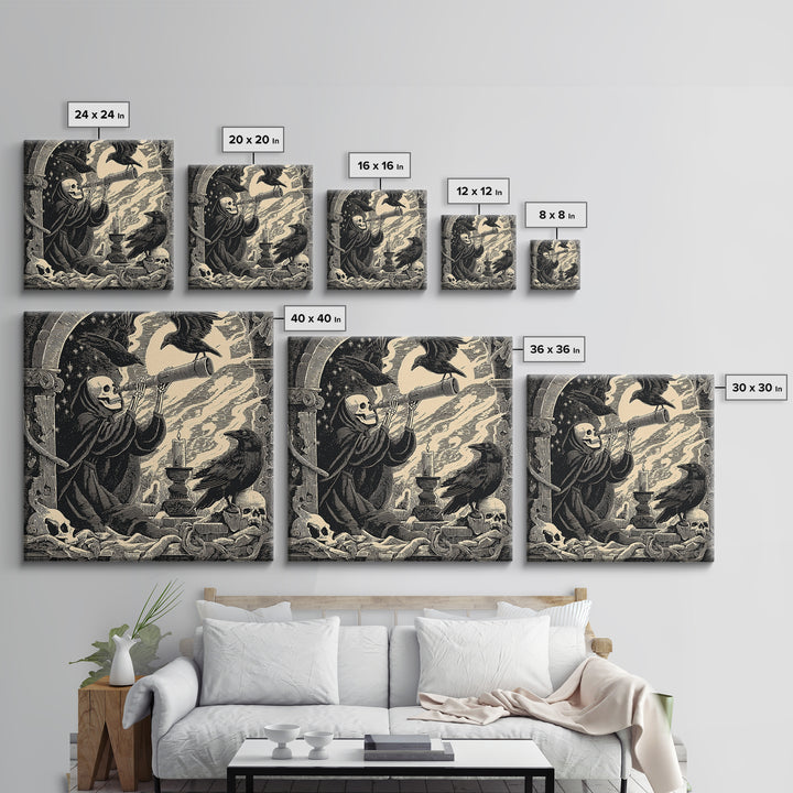The Skull Astronomer, Macabre Folk Print Art, Square Wall Art, Gothic Horror Wall Art, Framed Canvas Print, Halloween Wall Art