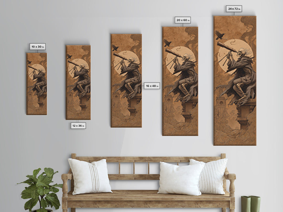 The Skull Astronomer, Surreal Apocalyptic Art, Tall Narrow Wall Art, Dark Halloween Decor, Canvas Print, Halloween Wall Art