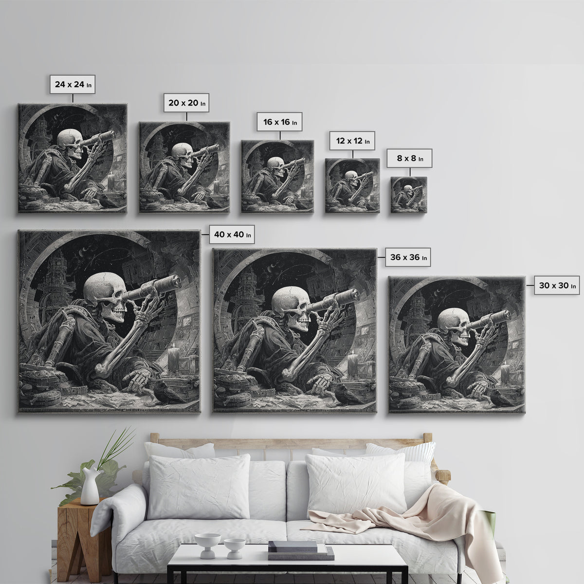 The Skull Astronomer, Biomechanical Horror Art, Square Wall Art, Dark Halloween Decor, Canvas Print, Halloween Wall Art