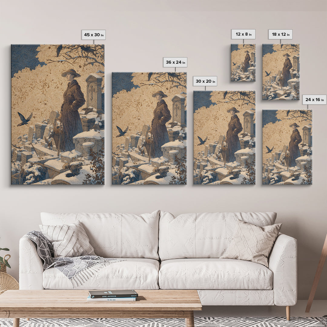 The Cemetery Beekeeper, Symbolist Death Art, Vertical Wall Art, Dark Halloween Decor, Framed Canvas Print, Halloween Wall Art