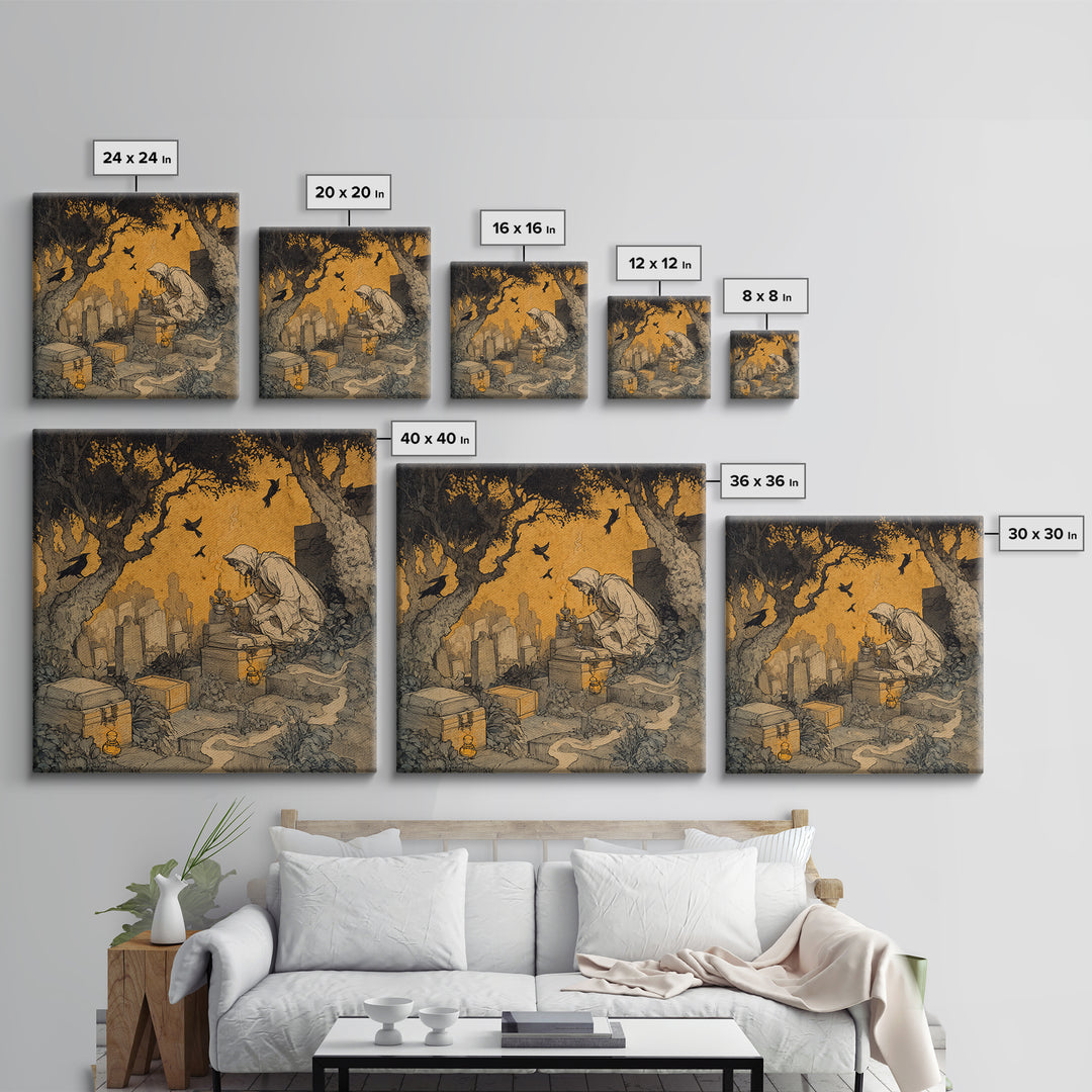 The Cemetery Beekeeper, Gothic Storybook Art, Square Wall Art, Dark Halloween Decor, Canvas Print, Halloween Wall Art