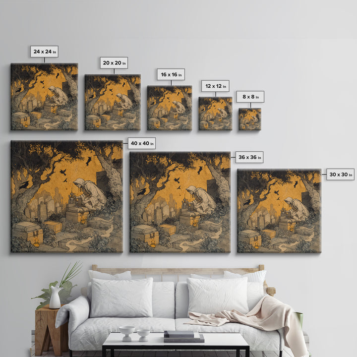 The Cemetery Beekeeper, Gothic Storybook Art, Square Wall Art, Dark Halloween Decor, Canvas Print, Halloween Wall Art