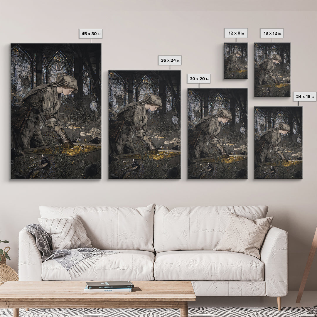 The Cemetery Beekeeper, Stained Glass Gothic Art, Vertical Wall Art, Dark Halloween Decor, Framed Canvas Print, Halloween Wall Art