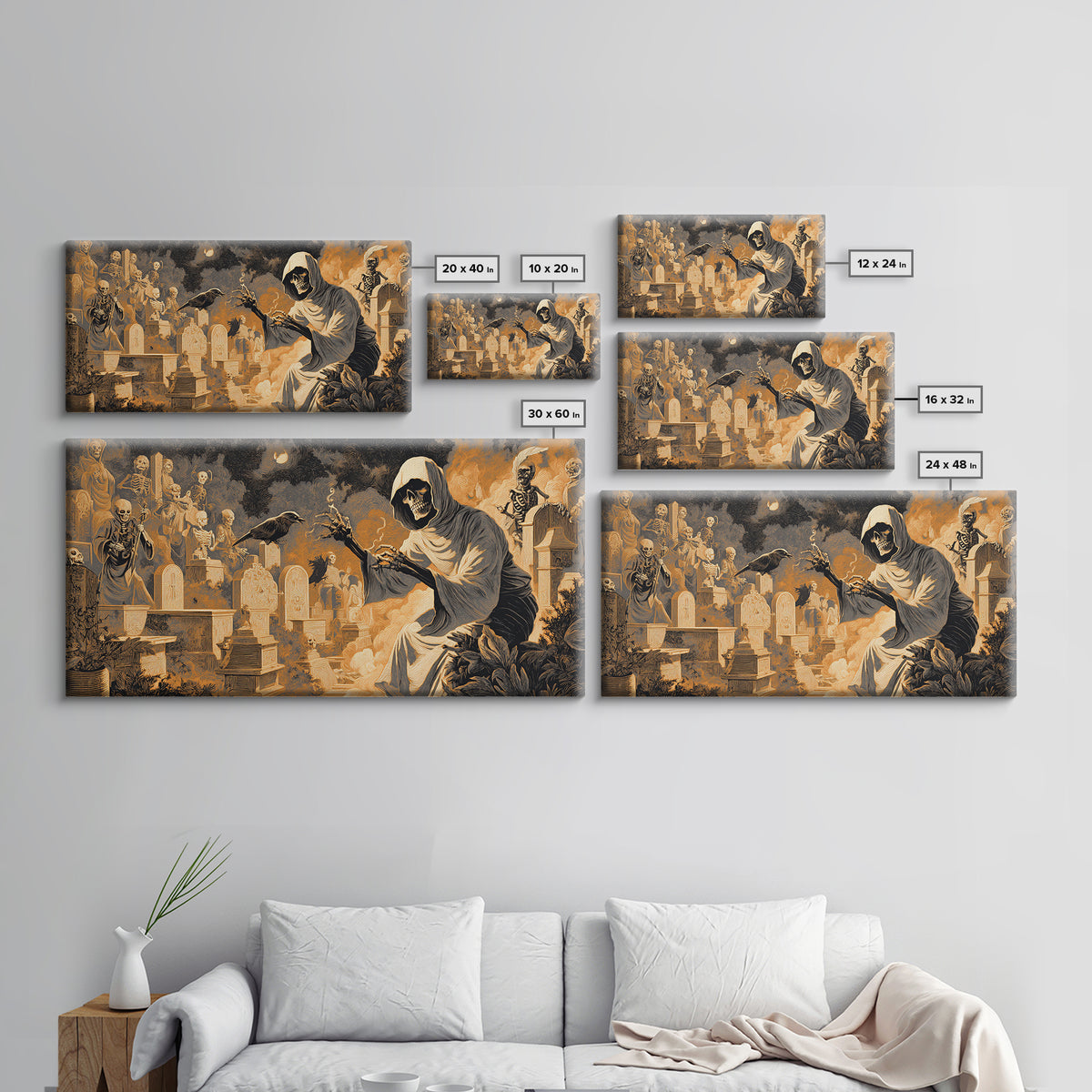 The Cemetery Beekeeper, Macabre Folk Print Art, Wide Panoramic Art, Dark Fantasy Wall Art, Canvas Print, Halloween Wall Art