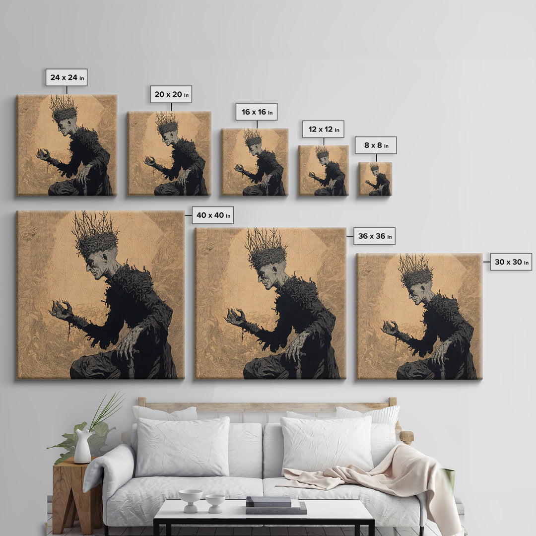 The Thorn-Crowned King, Symbolist Etching Art, Square Wall Art, Dark Halloween Decor, Framed Canvas Print, Halloween Wall Art