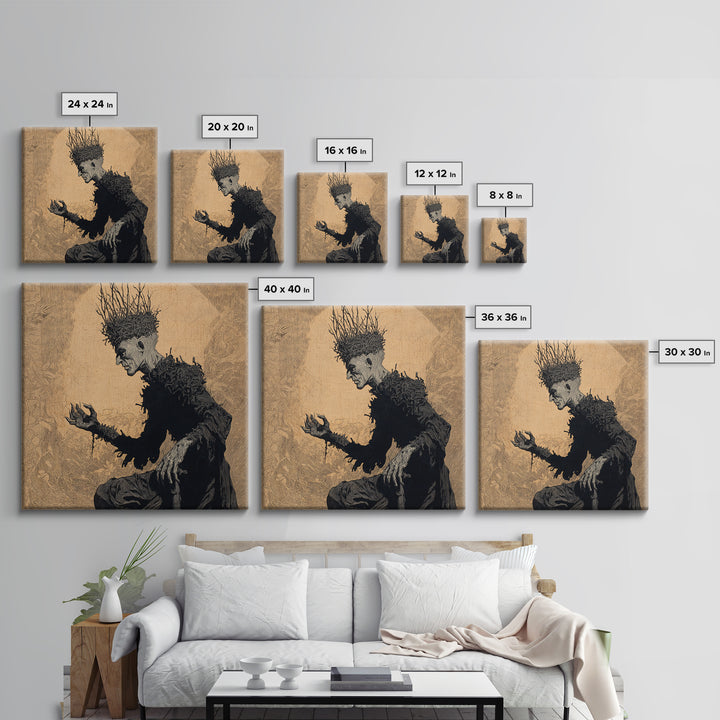 The Thorn-Crowned King, Symbolist Etching Art, Square Wall Art, Dark Halloween Decor, Framed Canvas Print, Halloween Wall Art