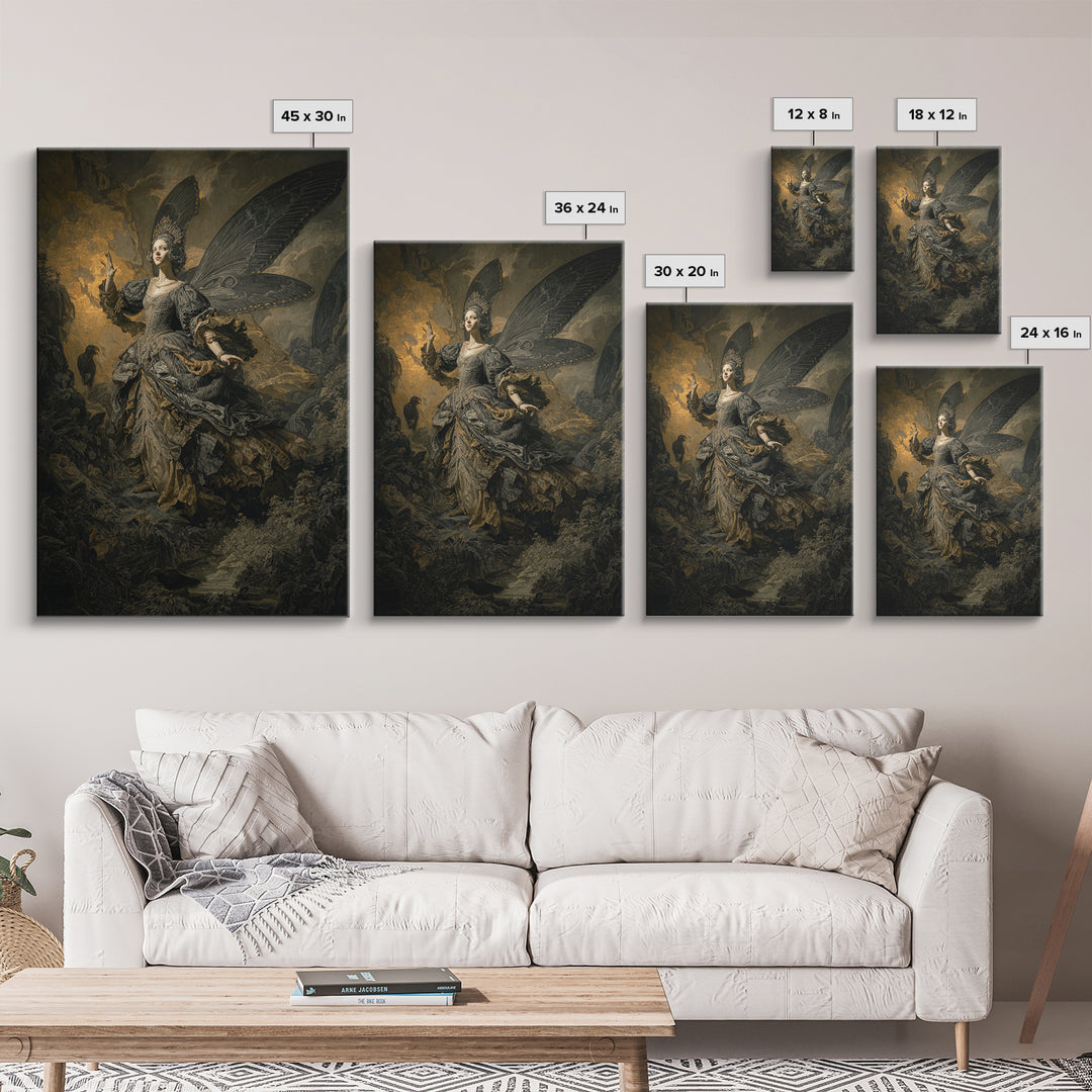 The Moth-Winged Empress, Baroque Witchcraft Art, Vertical Wall Art, Dark Halloween Decor, Framed Canvas Print, Halloween Wall Art