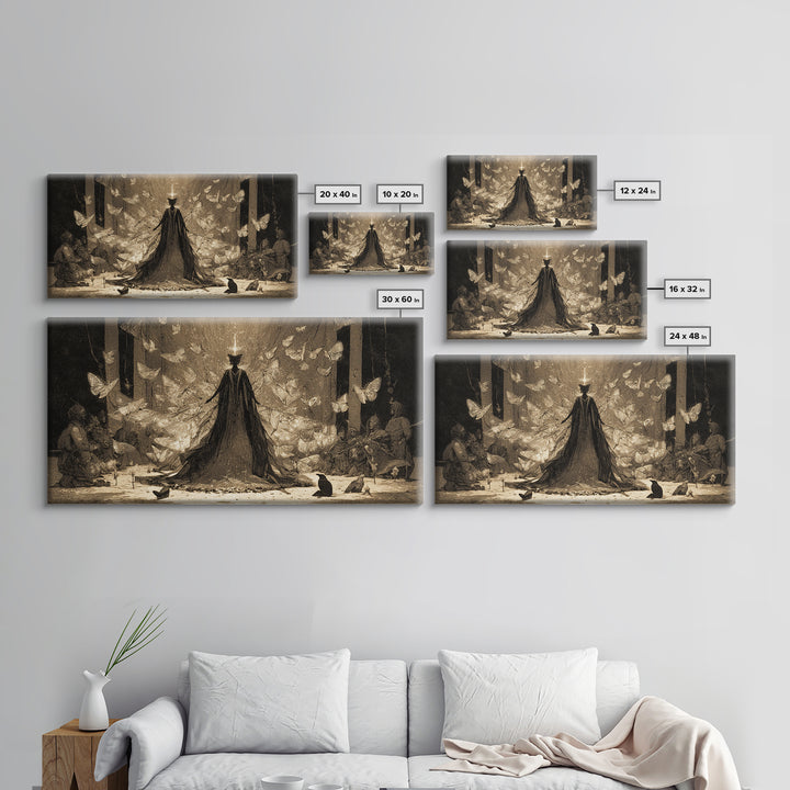 The Moth-Winged Empress, Expressionist Nightmare Art, Wide Panoramic Art, Dark Halloween Decor, Framed Canvas Print, Halloween Wall Art