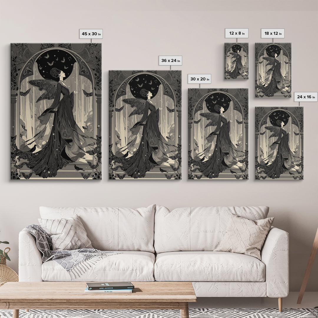 The Moth-Winged Empress, Decadent Line Art, Vertical Wall Art, Gothic Horror Wall Art, Framed Canvas Print, Halloween Wall Art
