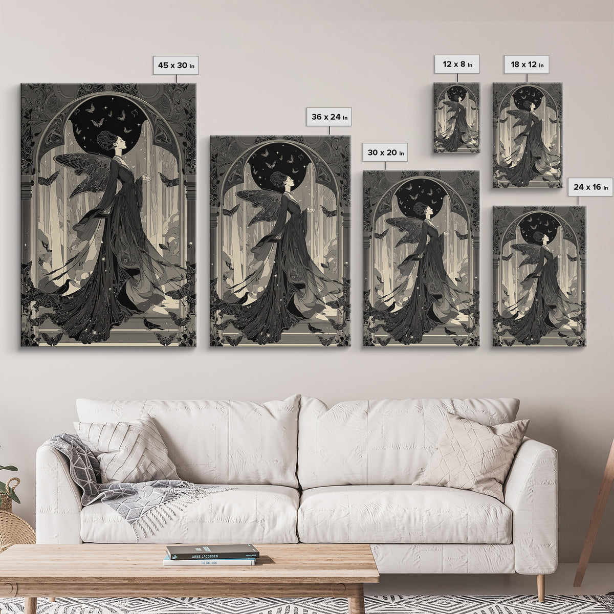 The Moth-Winged Empress, Decadent Line Art, Vertical Wall Art, Gothic Horror Wall Art, Framed Canvas Print, Halloween Wall Art