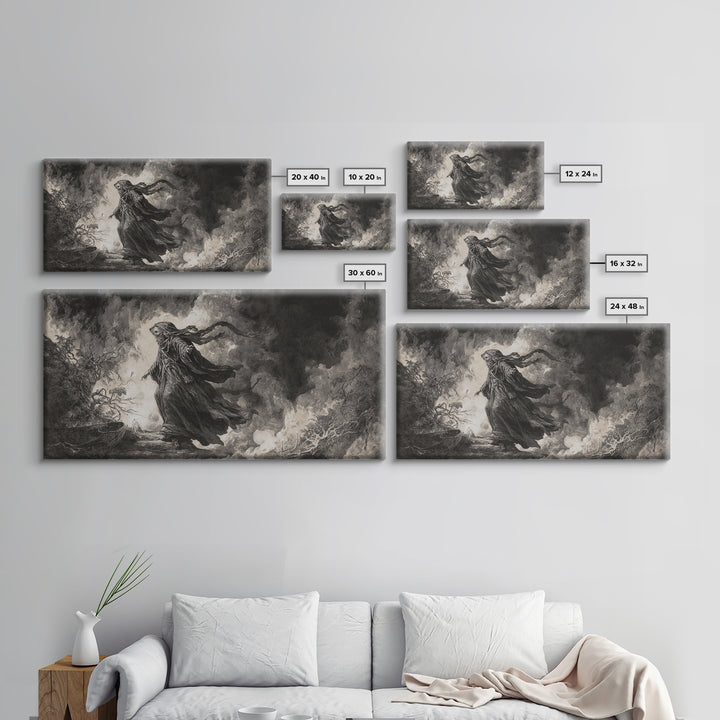 The Ash-Covered Oracle, Baroque Witchcraft Art, Wide Panoramic Art, Gothic Horror Wall Art, Framed Canvas Print, Halloween Wall Art