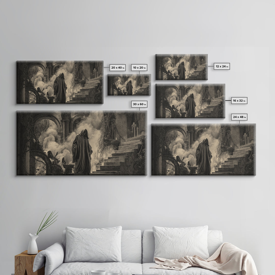 The Ash-Covered Oracle, Architectural Etching Art, Wide Panoramic Art, Dark Fantasy Wall Art, Framed Canvas Print