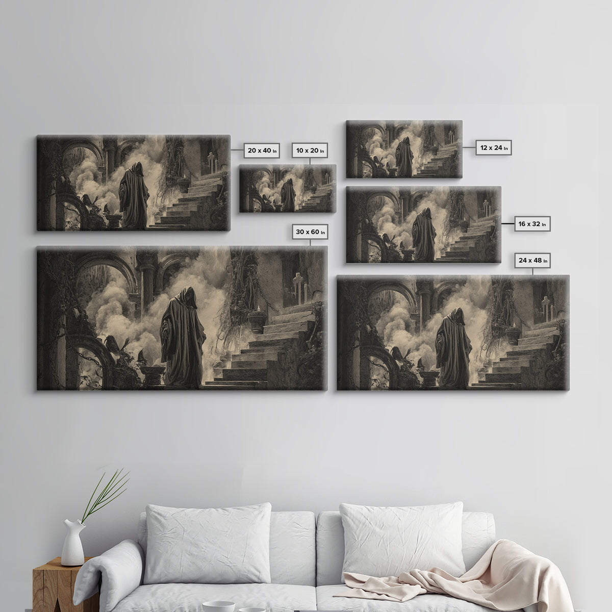 The Ash-Covered Oracle, Architectural Etching Art, Wide Panoramic Art, Dark Fantasy Wall Art, Framed Canvas Print
