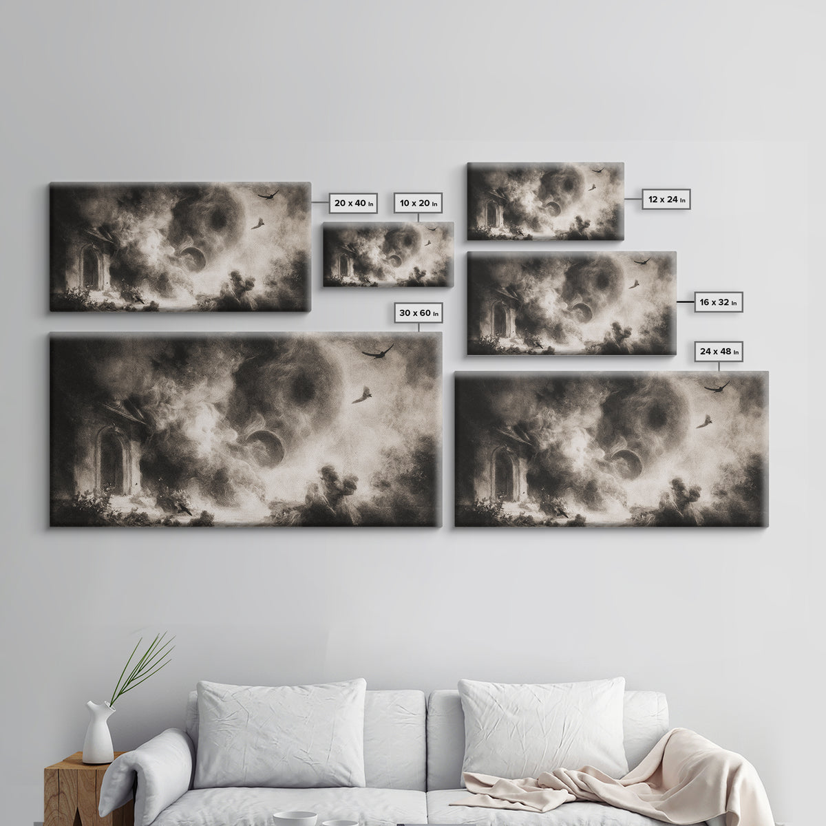 The Ash-Covered Oracle, Symbolist Dream Art, Wide Panoramic Art, Dark Halloween Decor, Framed Canvas Print, Halloween Wall Art
