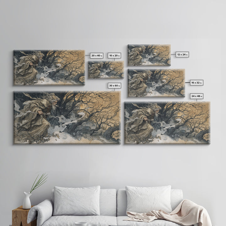 The Ash-Covered Oracle, Gothic Storybook Art, Wide Panoramic Art, Gothic Horror Wall Art, Framed Canvas Print, Halloween Wall Art