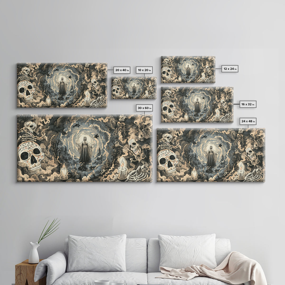 The Ash-Covered Oracle, Macabre Folk Print Art, Wide Panoramic Art, Gothic Horror Wall Art, Canvas Print, Halloween Wall Art