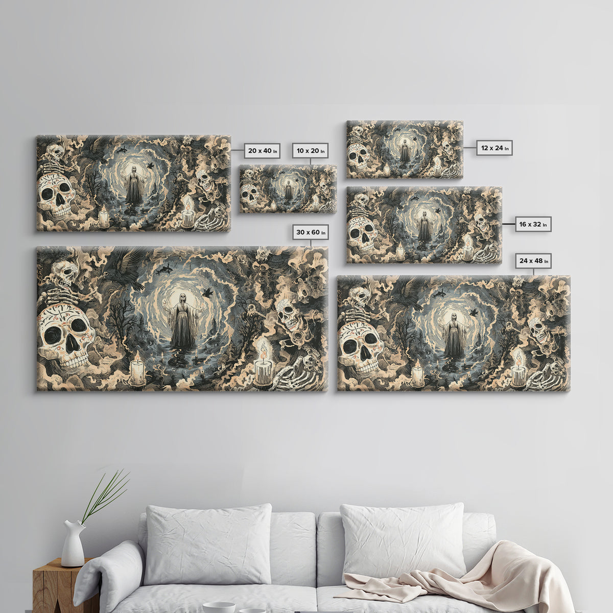 The Ash-Covered Oracle, Macabre Folk Print Art, Wide Panoramic Art, Gothic Horror Wall Art, Canvas Print, Halloween Wall Art