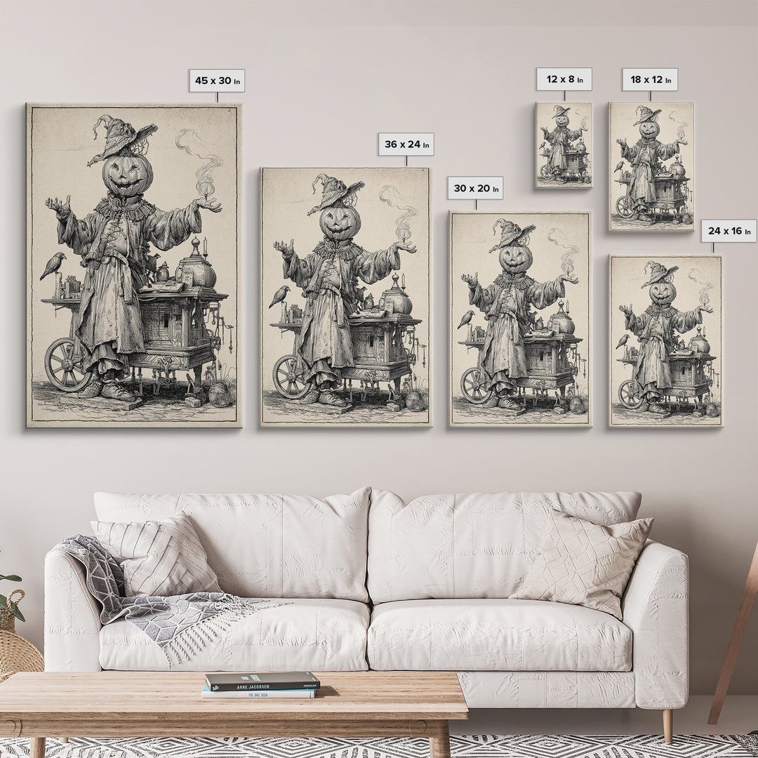 The Pumpkin-Headed Tea Merchant, Renaissance Engraving Art, Vertical Wall Art, Macabre Wall Art, Canvas Print, Halloween Wall Art