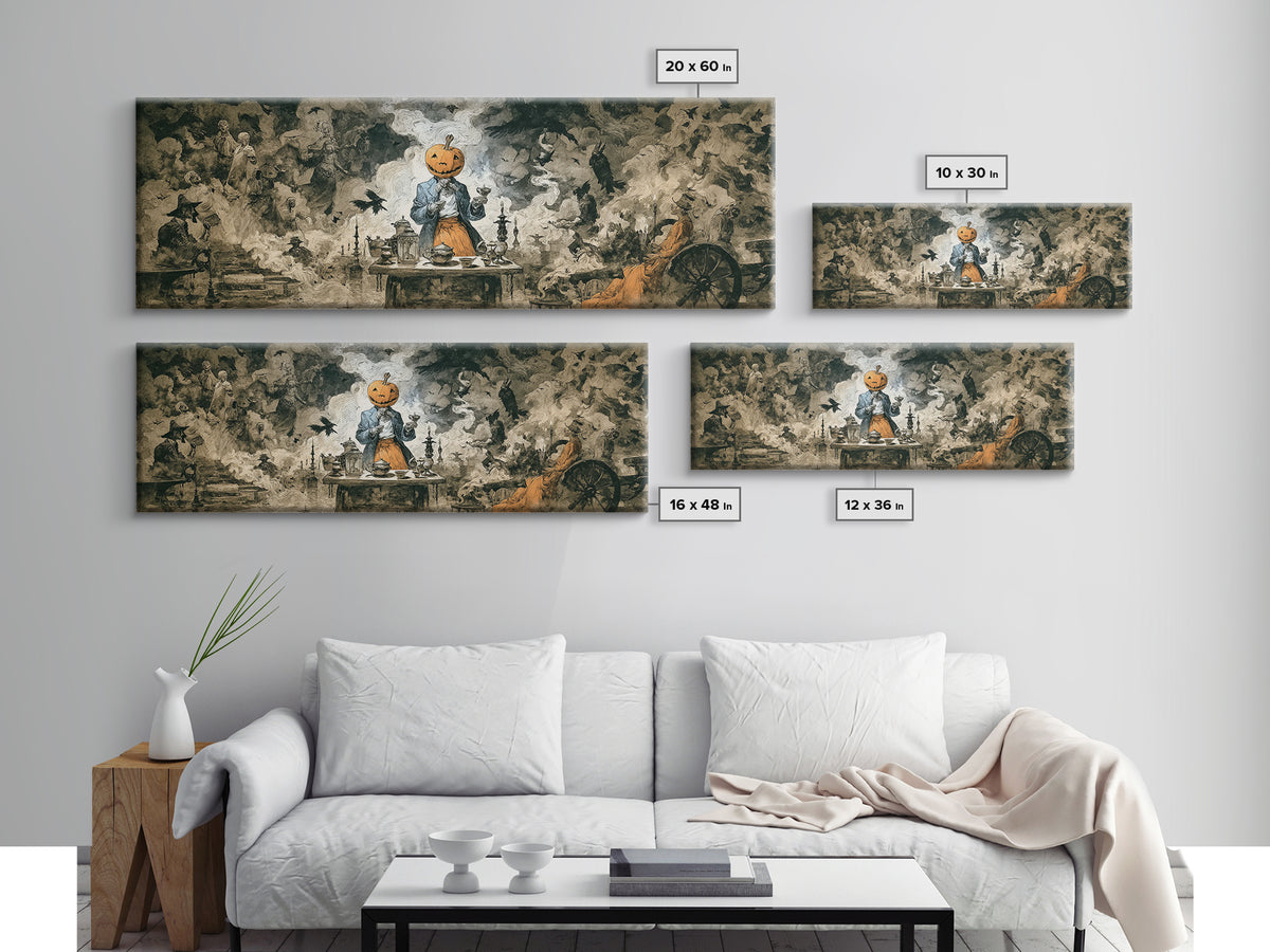 The Pumpkin-Headed Tea Merchant, Dark Romantic Horror Art, Extra Wide Wall Art, Gothic Horror Wall Art, Canvas Print, Halloween Wall Art