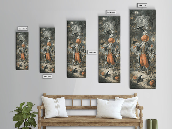 The Pumpkin-Headed Tea Merchant, Architectural Etching Art, Tall Narrow Wall Art, Dark Halloween Decor, Framed Canvas Print