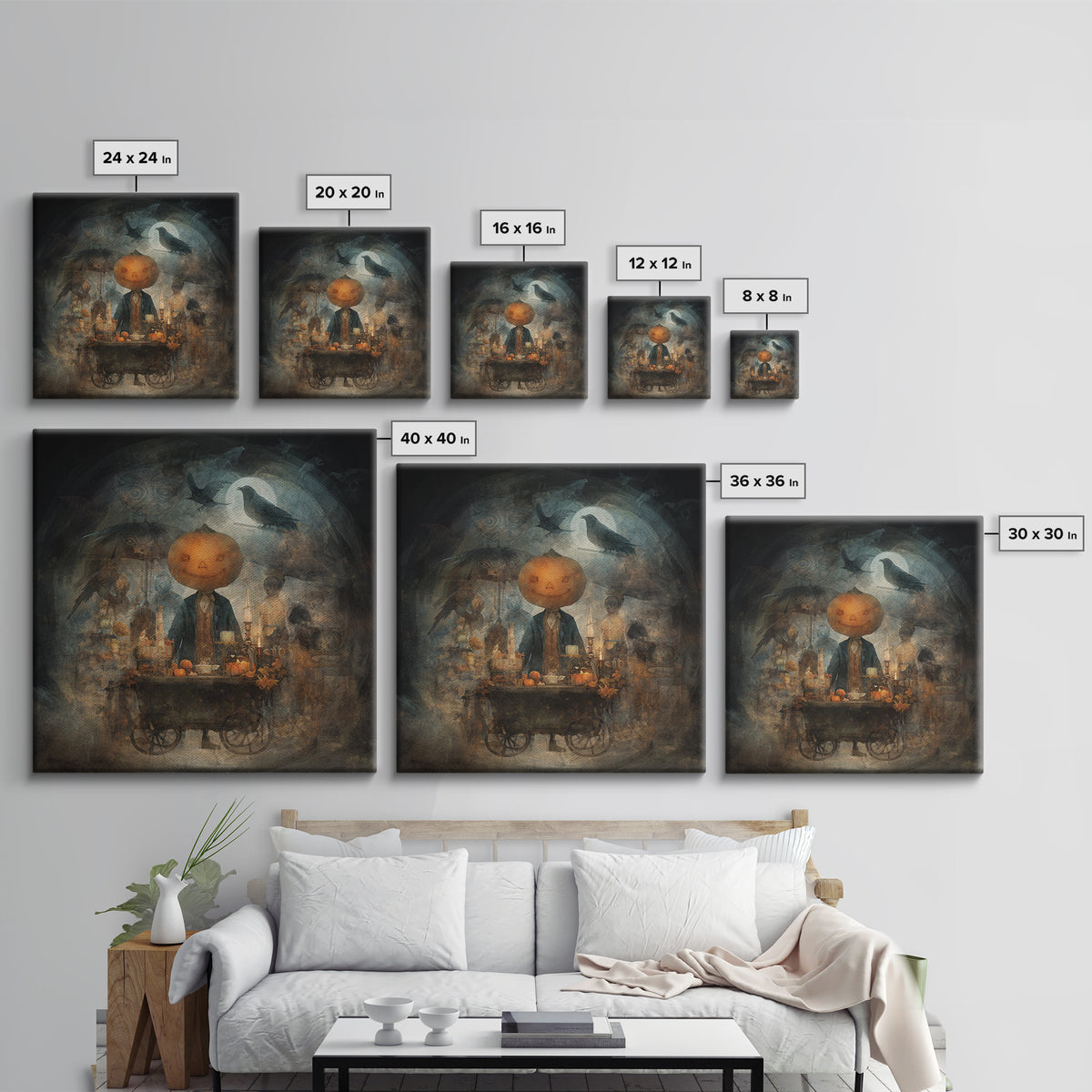 The Pumpkin-Headed Tea Merchant, Symbolist Dream Art, Square Wall Art, Dark Halloween Decor, Framed Canvas Print, Halloween Wall Art