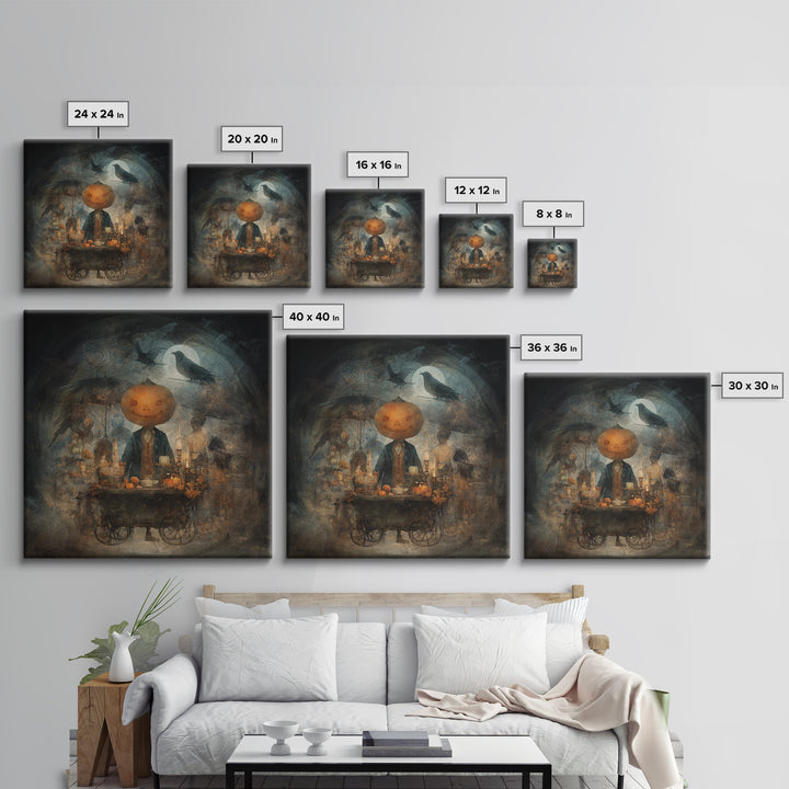 The Pumpkin-Headed Tea Merchant, Symbolist Dream Art, Square Wall Art, Dark Halloween Decor, Framed Canvas Print, Halloween Wall Art