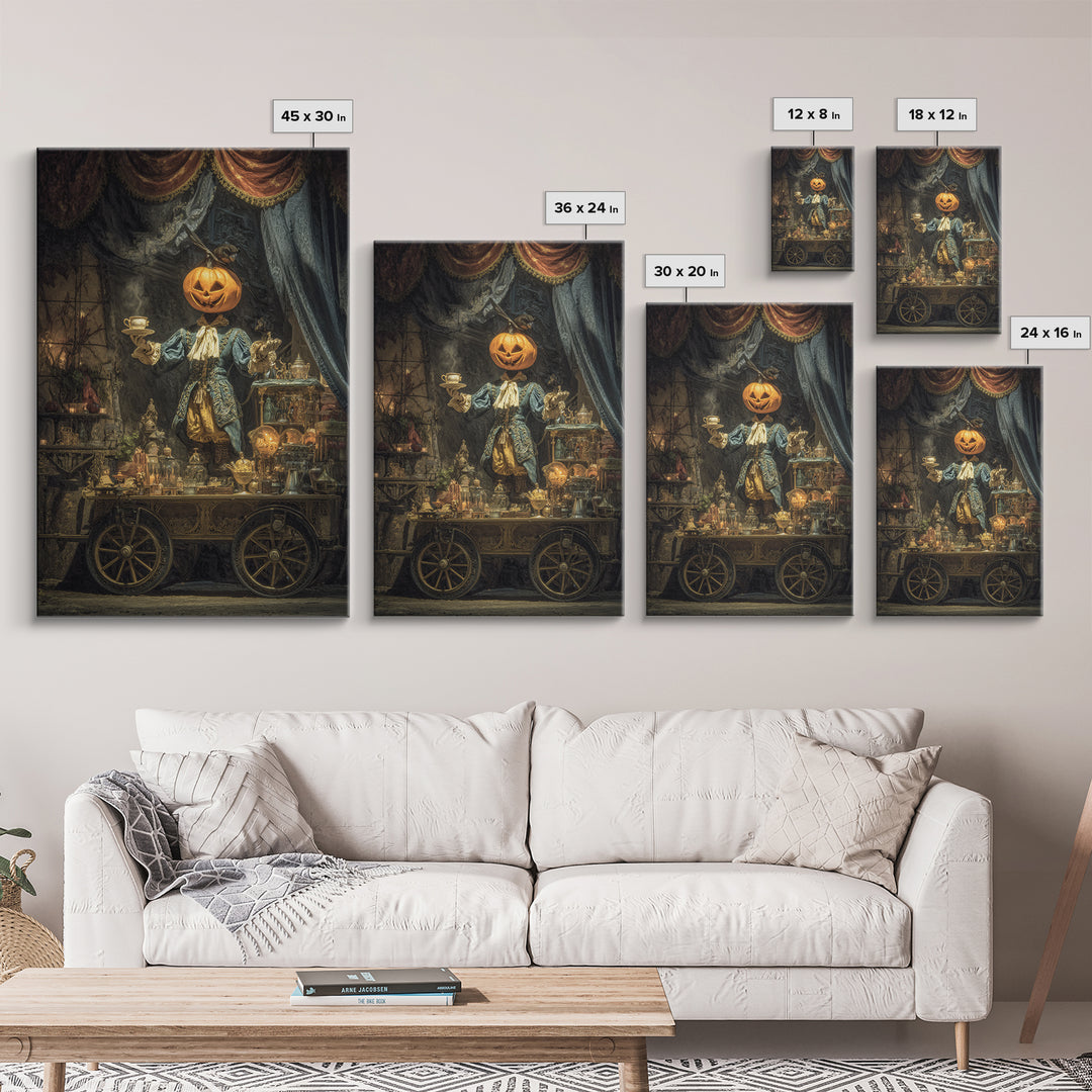 The Pumpkin-Headed Tea Merchant, Ornate Symbolist Art, Vertical Wall Art, Macabre Wall Art, Framed Canvas Print, Halloween Wall Art