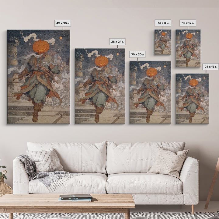 The Pumpkin-Headed Tea Merchant, Symbolist Death Art, Vertical Wall Art, Macabre Wall Art, Canvas Print, Halloween Wall Art